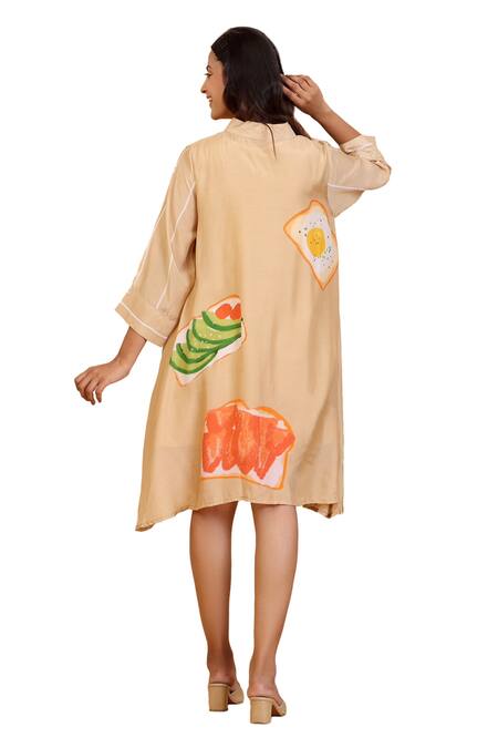 Buy_Radhika Jindal_Gold Cotton, Silk Mandarin Collar Quirky Print Shirt Dress_Online_at_Aza_Fashions