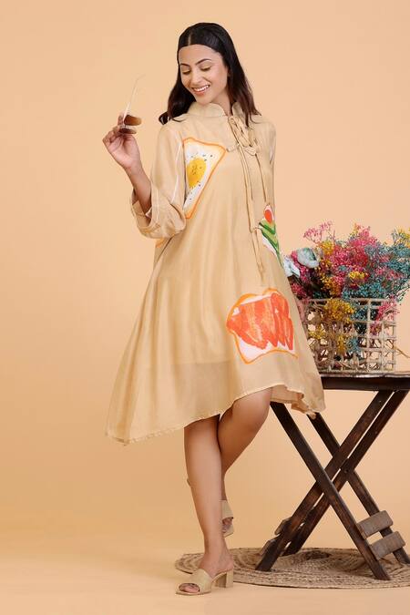 Shop_Radhika Jindal_Gold Cotton, Silk Mandarin Collar Quirky Print Shirt Dress_Online_at_Aza_Fashions
