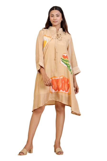 Radhika Jindal_Gold Cotton, Silk Mandarin Collar Quirky Print Shirt Dress_at_Aza_Fashions