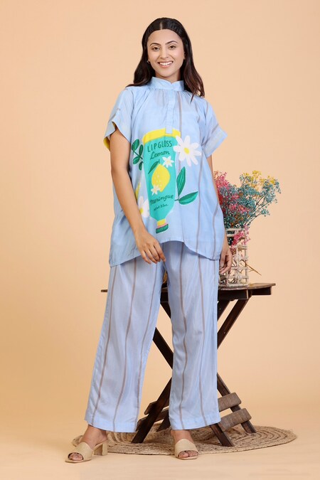 Radhika Jindal Blue Cotton Silk Printed Lipgloss High Round Top And Pant Set 