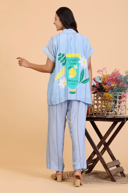 Shop Radhika Jindal Blue Cotton, Silk High Neck Lipgloss Print Top And Pant Set at Aza Fashions Shop_Radhika Jindal_Blue Cotton, Silk High Neck Lipgloss Print Top And Pant Set_at_Aza_Fashions