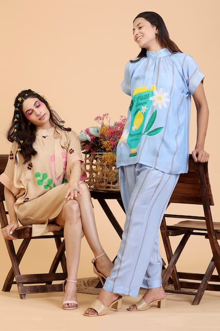 Radhika Jindal Blue Cotton, Silk High Neck Lipgloss Print Top And Pant Set Online at Aza Fashions Radhika Jindal_Blue Cotton, Silk High Neck Lipgloss Print Top And Pant Set_Online_at_Aza_Fashions