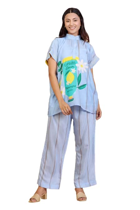 Shop Radhika Jindal Blue Cotton, Silk High Neck Lipgloss Print Top And Pant Set Online at Aza Fashions Shop_Radhika Jindal_Blue Cotton, Silk High Neck Lipgloss Print Top And Pant Set_Online_at_Aza_Fashions