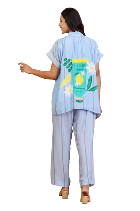 Buy Radhika Jindal Blue Cotton, Silk High Neck Lipgloss Print Top And Pant Set Buy_Radhika Jindal_Blue Cotton, Silk High Neck Lipgloss Print Top And Pant Set