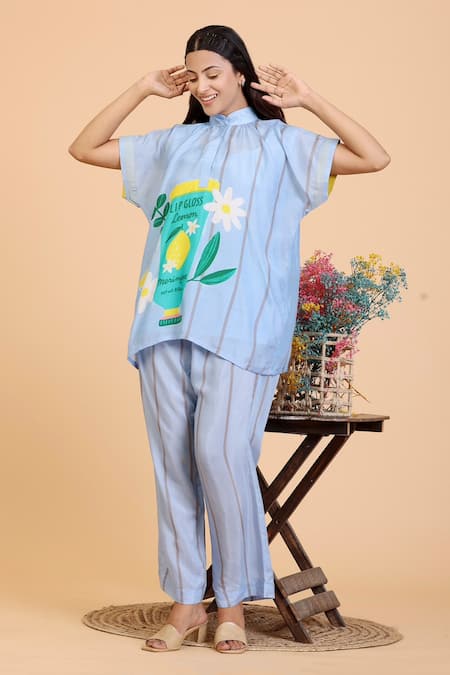 Shop Radhika Jindal Blue Cotton, Silk High Neck Lipgloss Print Top And Pant Set Shop_Radhika Jindal_Blue Cotton, Silk High Neck Lipgloss Print Top And Pant Set