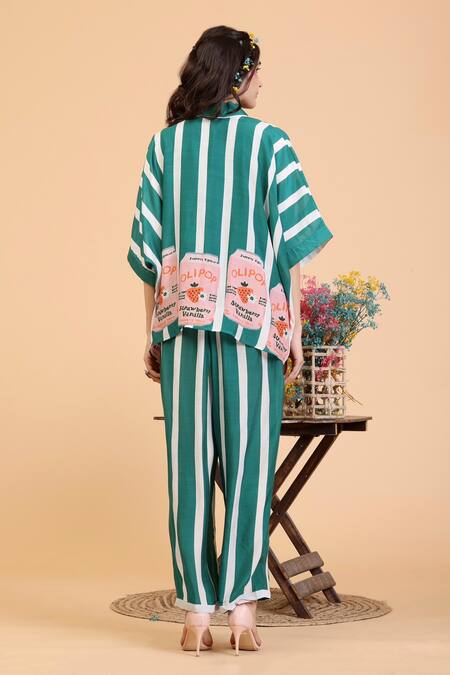 Shop Radhika Jindal Green Cotton, Silk Collared Anti-fit Striped Top And Pant Set at Aza Fashions Shop_Radhika Jindal_Green Cotton, Silk Collared Anti-fit Striped Top And Pant Set_at_Aza_Fashions