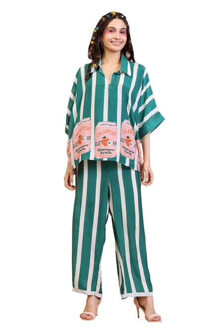 Radhika Jindal Green Cotton, Silk Collared Anti-fit Striped Top And Pant Set Online at Aza Fashions Radhika Jindal_Green Cotton, Silk Collared Anti-fit Striped Top And Pant Set_Online_at_Aza_Fashions