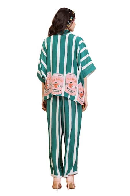 Shop Radhika Jindal Green Cotton, Silk Collared Anti-fit Striped Top And Pant Set Online at Aza Fashions Shop_Radhika Jindal_Green Cotton, Silk Collared Anti-fit Striped Top And Pant Set_Online_at_Aza_Fashions