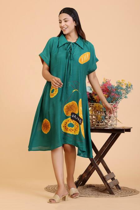 Radhika Jindal Green Cotton Silk Printed Quirky Collared Dress 