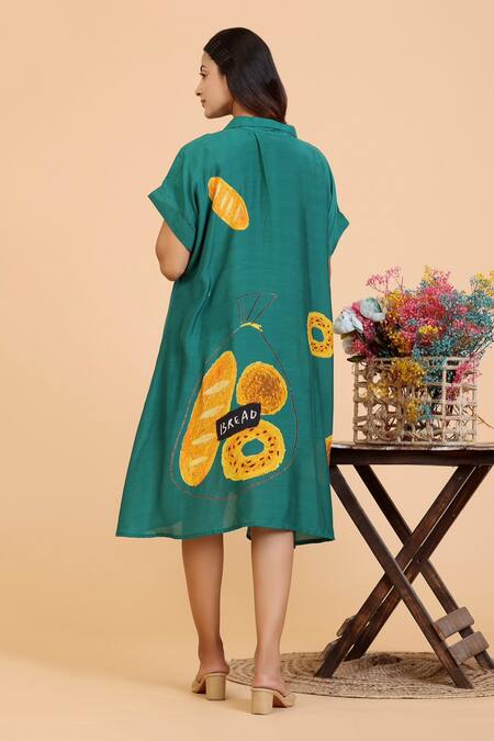Shop Radhika Jindal Green Cotton, Silk Collared Quirky Print Dress at Aza Fashions Shop_Radhika Jindal_Green Cotton, Silk Collared Quirky Print Dress_at_Aza_Fashions