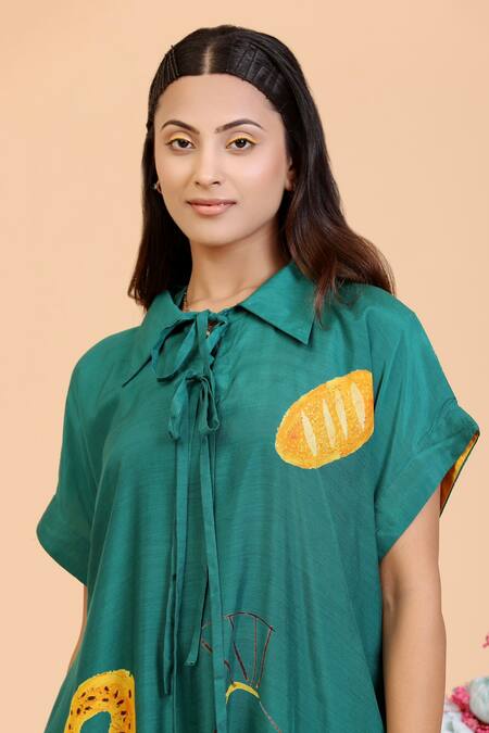 Buy Radhika Jindal Green Cotton, Silk Collared Quirky Print Dress Online at Aza Fashions Buy_Radhika Jindal_Green Cotton, Silk Collared Quirky Print Dress_Online_at_Aza_Fashions