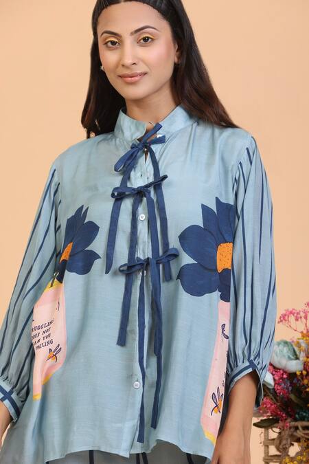 Radhika Jindal_Grey Cotton, Silk Embroidery Mandarin Collar Floral Print Top Pant Set_Online_at_Aza_Fashions