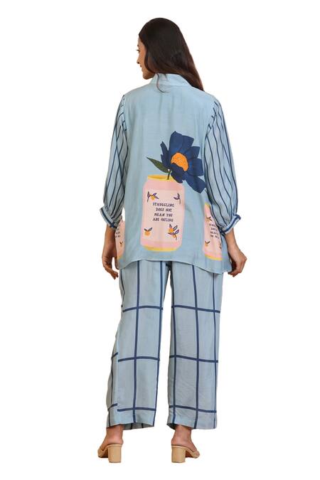 Buy_Radhika Jindal_Grey Cotton, Silk Embroidery Mandarin Collar Floral Print Top Pant Set_Online_at_Aza_Fashions