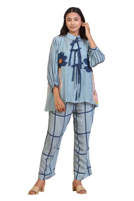 Radhika Jindal_Grey Cotton, Silk Embroidery Mandarin Collar Floral Print Top Pant Set_at_Aza_Fashions