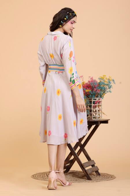 Shop Radhika Jindal Grey Cotton, Silk Collared Floral Print Dress With Belt at Aza Fashions Shop_Radhika Jindal_Grey Cotton, Silk Collared Floral Print Dress With Belt_at_Aza_Fashions