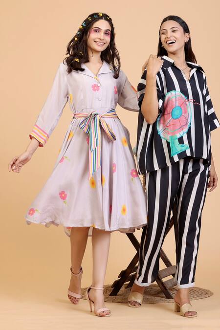 Radhika Jindal Grey Cotton, Silk Collared Floral Print Dress With Belt Online at Aza Fashions Radhika Jindal_Grey Cotton, Silk Collared Floral Print Dress With Belt_Online_at_Aza_Fashions