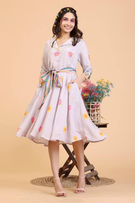 Buy Radhika Jindal Grey Cotton, Silk Collared Floral Print Dress With Belt Online at Aza Fashions Buy_Radhika Jindal_Grey Cotton, Silk Collared Floral Print Dress With Belt_Online_at_Aza_Fashions