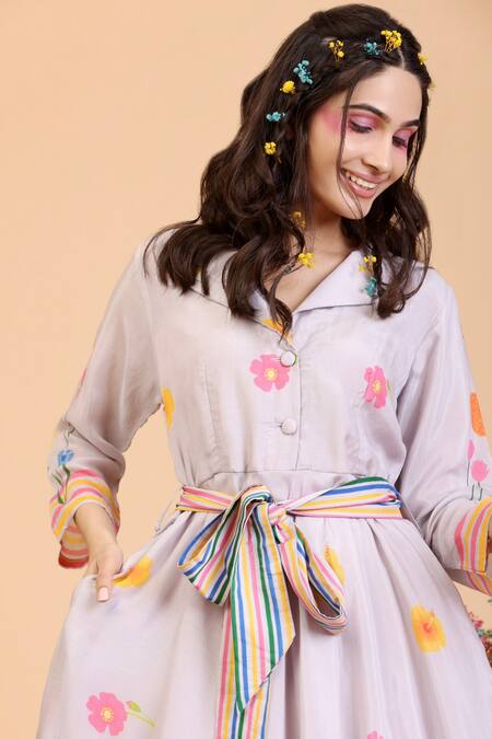 Shop Radhika Jindal Grey Cotton, Silk Collared Floral Print Dress With Belt Online at Aza Fashions Shop_Radhika Jindal_Grey Cotton, Silk Collared Floral Print Dress With Belt_Online_at_Aza_Fashions