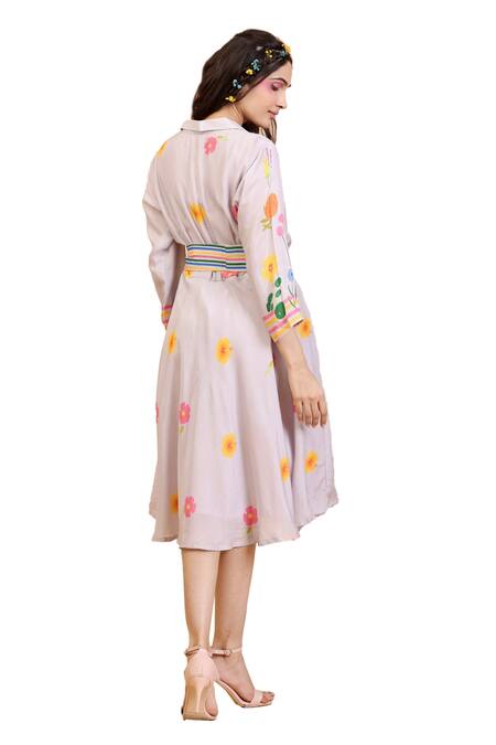 Radhika Jindal Grey Cotton, Silk Collared Floral Print Dress With Belt at Aza Fashions Radhika Jindal_Grey Cotton, Silk Collared Floral Print Dress With Belt_at_Aza_Fashions