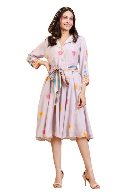 Buy Radhika Jindal Grey Cotton, Silk Collared Floral Print Dress With Belt Buy_Radhika Jindal_Grey Cotton, Silk Collared Floral Print Dress With Belt
