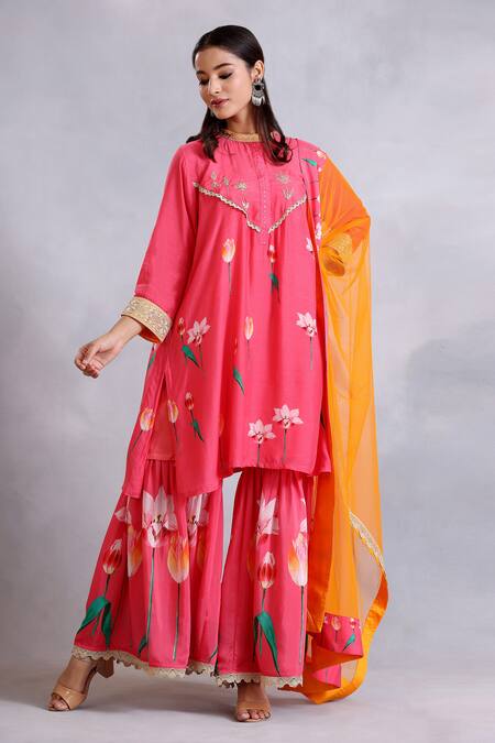 Radhika Jindal_Pink Cotton, Silk, Net Sequins, Embroidery High Floral Pattern Kurta Pant Set_Online_at_Aza_Fashions