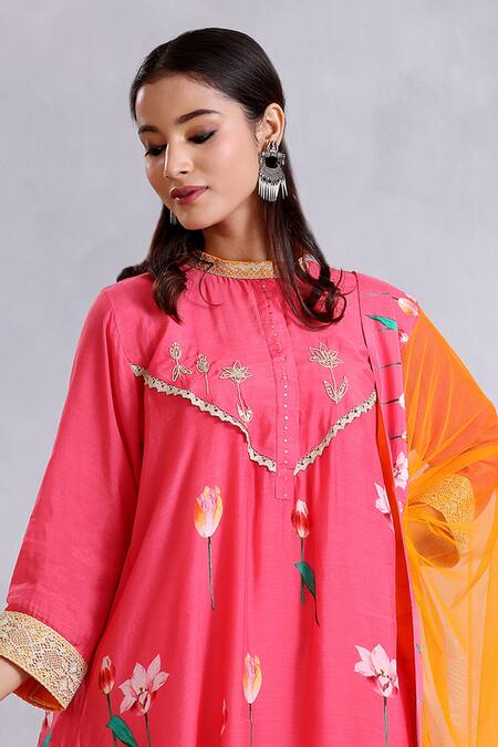 Buy_Radhika Jindal_Pink Cotton, Silk, Net Sequins, Embroidery High Floral Pattern Kurta Pant Set_Online_at_Aza_Fashions