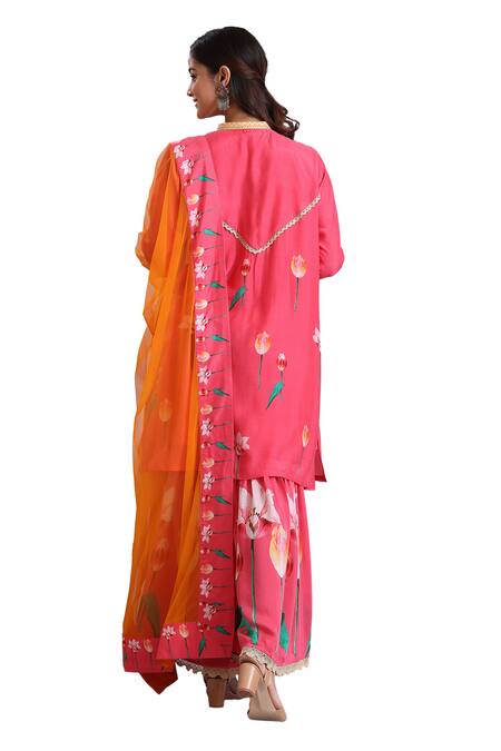 Shop_Radhika Jindal_Pink Cotton, Silk, Net Sequins, Embroidery High Floral Pattern Kurta Pant Set_Online_at_Aza_Fashions