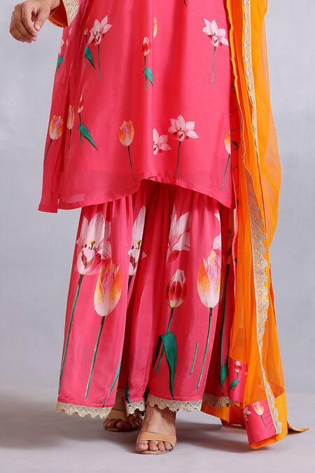 Radhika Jindal_Pink Cotton, Silk, Net Sequins, Embroidery High Floral Pattern Kurta Pant Set_at_Aza_Fashions