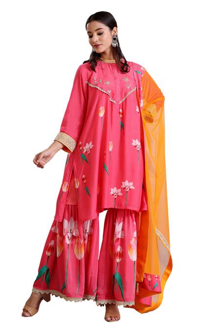 Buy_Radhika Jindal_Pink Cotton, Silk, Net Sequins, Embroidery High Floral Pattern Kurta Pant Set