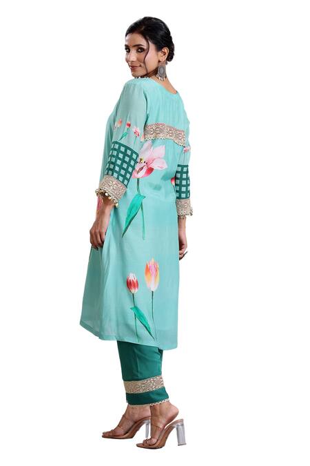 Radhika Jindal_Green Cotton, Silk, Net Sequins, Lace V-neck Embroidered Straight Kurta Pant Set_at_Aza_Fashions