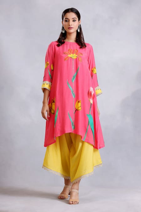 Radhika Jindal Pink Cotton Silk Floral Pattern Asymmetric Kurta Draped Pant Set  