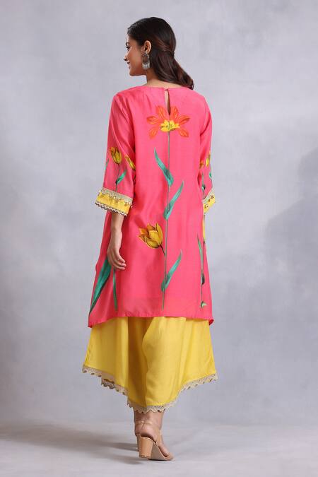 Shop_Radhika Jindal_Pink Cotton, Silk Sequins, Lace, Floral Pattern Asymmetric Kurta Draped Pant Set_at_Aza_Fashions