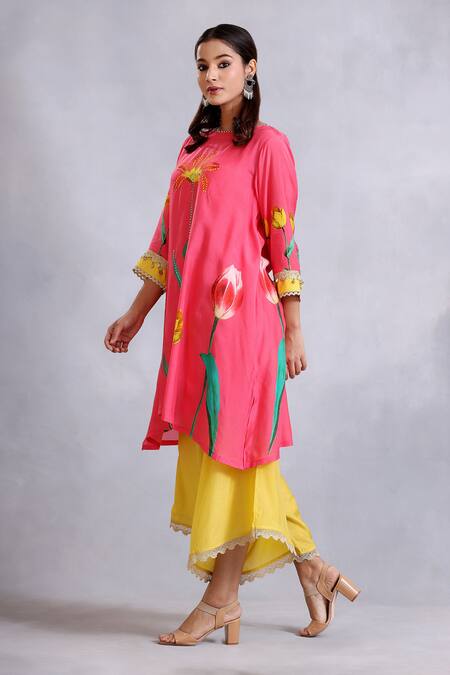 Radhika Jindal_Pink Cotton, Silk Sequins, Lace, Floral Pattern Asymmetric Kurta Draped Pant Set_Online_at_Aza_Fashions