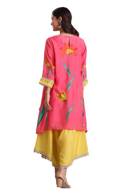 Buy Radhika Jindal Pink Cotton, Silk Sequins, Lace, Floral Pattern Asymmetric Kurta Draped Pant Set Online at Aza Fashions Buy_Radhika Jindal_Pink Cotton, Silk Sequins, Lace, Floral Pattern Asymmetric Kurta Draped Pant Set_Online_at_Aza_Fashions