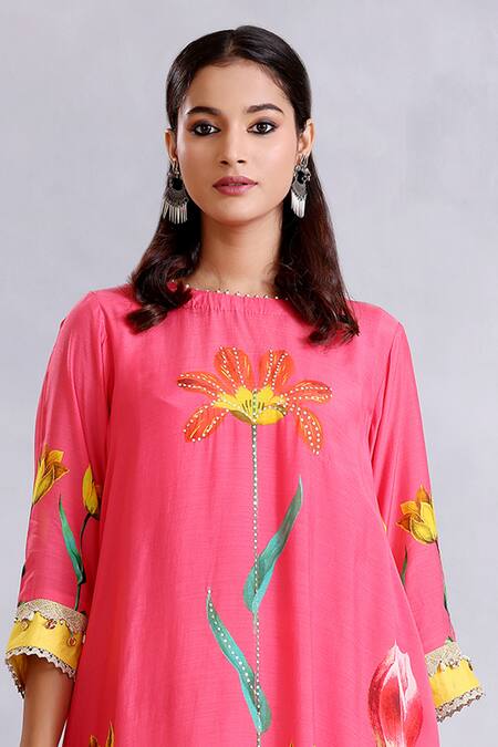 Shop Radhika Jindal Pink Cotton, Silk Sequins, Lace, Floral Pattern Asymmetric Kurta Draped Pant Set Online at Aza Fashions Shop_Radhika Jindal_Pink Cotton, Silk Sequins, Lace, Floral Pattern Asymmetric Kurta Draped Pant Set_Online_at_Aza_Fashions