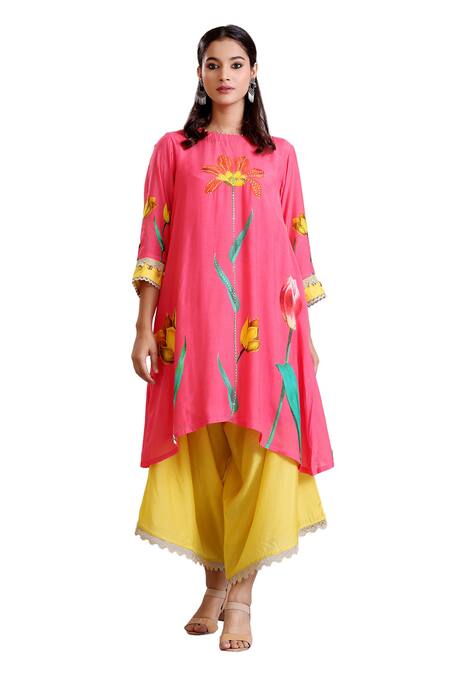 Radhika Jindal Pink Cotton, Silk Sequins, Lace, Floral Pattern Asymmetric Kurta Draped Pant Set at Aza Fashions Radhika Jindal_Pink Cotton, Silk Sequins, Lace, Floral Pattern Asymmetric Kurta Draped Pant Set_at_Aza_Fashions