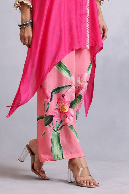 Radhika Jindal Pink Cotton, Silk Lace, Embroidery Asymmetric Hem Floral Pattern Kurta Pant Set Online at Aza Fashions Radhika Jindal_Pink Cotton, Silk Lace, Embroidery Asymmetric Hem Floral Pattern Kurta Pant Set_Online_at_Aza_Fashions