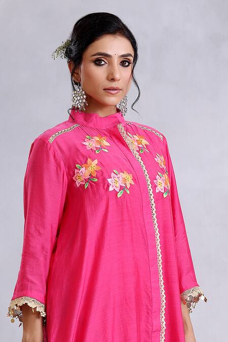 Buy Radhika Jindal Pink Cotton, Silk Lace, Embroidery Asymmetric Hem Floral Pattern Kurta Pant Set Online at Aza Fashions Buy_Radhika Jindal_Pink Cotton, Silk Lace, Embroidery Asymmetric Hem Floral Pattern Kurta Pant Set_Online_at_Aza_Fashions