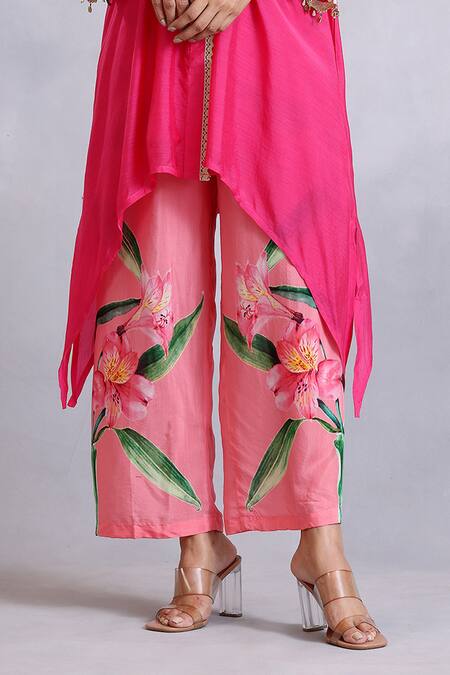 Shop Radhika Jindal Pink Cotton, Silk Lace, Embroidery Asymmetric Hem Floral Pattern Kurta Pant Set Online at Aza Fashions Shop_Radhika Jindal_Pink Cotton, Silk Lace, Embroidery Asymmetric Hem Floral Pattern Kurta Pant Set_Online_at_Aza_Fashions