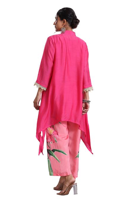 Radhika Jindal Pink Cotton, Silk Lace, Embroidery Asymmetric Hem Floral Pattern Kurta Pant Set at Aza Fashions Radhika Jindal_Pink Cotton, Silk Lace, Embroidery Asymmetric Hem Floral Pattern Kurta Pant Set_at_Aza_Fashions