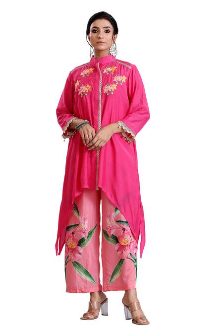 Buy Radhika Jindal Pink Cotton, Silk Lace, Embroidery Asymmetric Hem Floral Pattern Kurta Pant Set Buy_Radhika Jindal_Pink Cotton, Silk Lace, Embroidery Asymmetric Hem Floral Pattern Kurta Pant Set