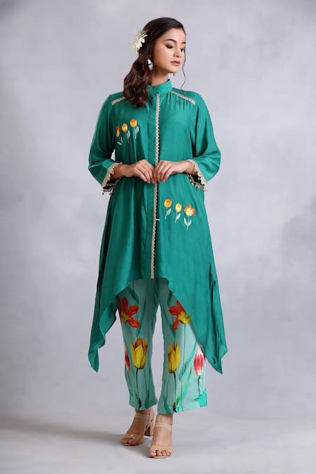 Radhika Jindal Green Cotton Silk Floral Pattern Asymmetric Hem Kurta And Pant Set  