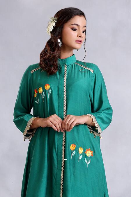 Buy_Radhika Jindal_Green Cotton, Silk Embroidery High Neck Asymmetric Hem Kurta And Pant Set_Online_at_Aza_Fashions