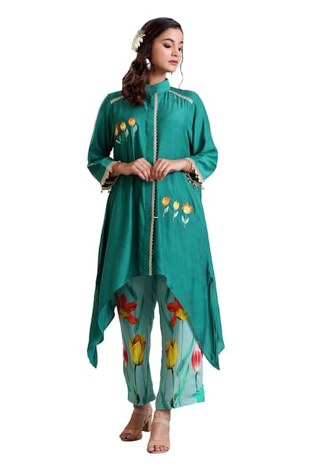 Shop_Radhika Jindal_Green Cotton, Silk Embroidery High Neck Asymmetric Hem Kurta And Pant Set_Online_at_Aza_Fashions