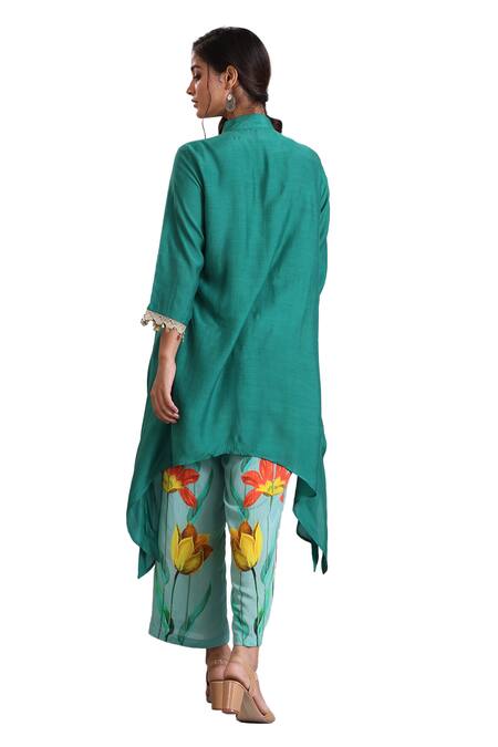 Buy_Radhika Jindal_Green Cotton, Silk Embroidery High Neck Asymmetric Hem Kurta And Pant Set