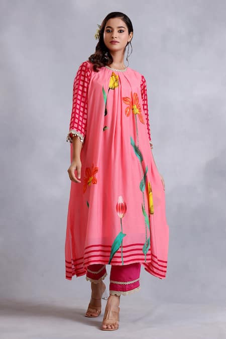 Radhika Jindal Peach Cotton Silk Embroidered Floral Pattern Pleated Kurta Pant Set  