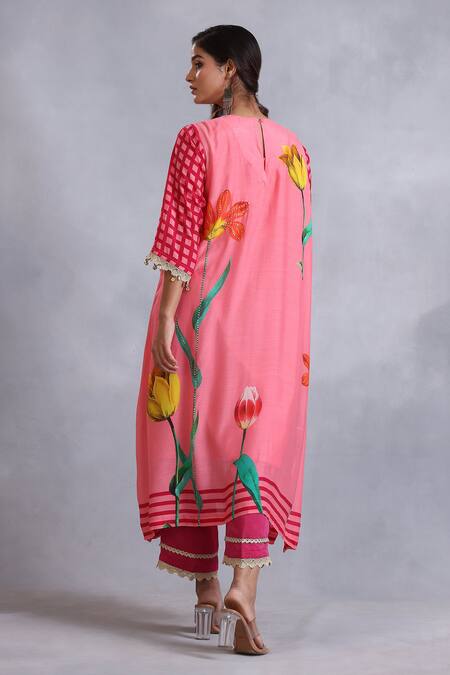 Shop Radhika Jindal Peach Cotton, Silk Lace, Sequins Round Floral Pattern Pleated Kurta Pant Set at Aza Fashions Shop_Radhika Jindal_Peach Cotton, Silk Lace, Sequins Round Floral Pattern Pleated Kurta Pant Set_at_Aza_Fashions