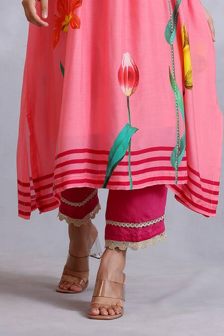 Shop Radhika Jindal Peach Cotton, Silk Lace, Sequins Round Floral Pattern Pleated Kurta Pant Set Online at Aza Fashions Shop_Radhika Jindal_Peach Cotton, Silk Lace, Sequins Round Floral Pattern Pleated Kurta Pant Set_Online_at_Aza_Fashions