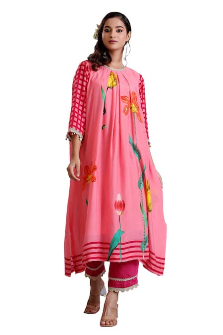 Radhika Jindal Peach Cotton, Silk Lace, Sequins Round Floral Pattern Pleated Kurta Pant Set at Aza Fashions Radhika Jindal_Peach Cotton, Silk Lace, Sequins Round Floral Pattern Pleated Kurta Pant Set_at_Aza_Fashions