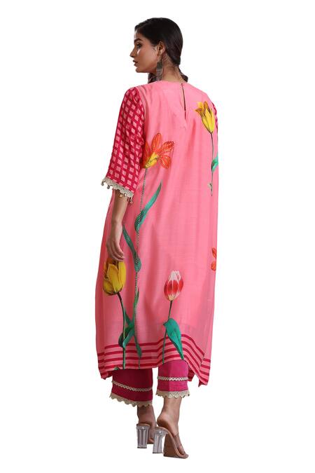 Buy Radhika Jindal Peach Cotton, Silk Lace, Sequins Round Floral Pattern Pleated Kurta Pant Set Buy_Radhika Jindal_Peach Cotton, Silk Lace, Sequins Round Floral Pattern Pleated Kurta Pant Set